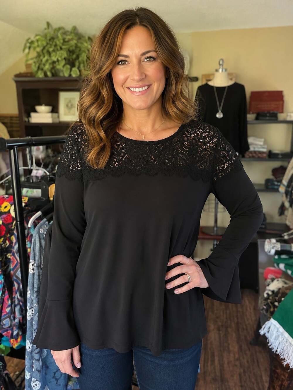 Michael Kors Black Lace Inset Bell Sleeve Top